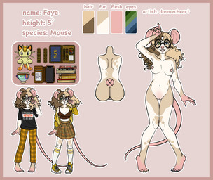 anthro areola biped border bottomwear breasts butt clothing color_swatch eyewear female female_anthro front_view genitals glasses hair heterochromia knock-kneed legwear long_hair looking_at_viewer medium_breasts nipples nude nude_anthro nude_female pose rear_view red_border round_glasses simple_background skirt slim smile solo standing tail tasteful_nudity text vulva donmecheart_(artist) faye_bernard mammal mouse murid murine rodent artist_name character_name digital_drawing_(artwork) digital_media_(artwork) english_text full-length_portrait hi_res model_sheet portrait
