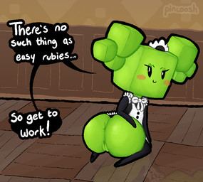 anus blush blush_stickers butt clothing dialogue dirty_talk eyelashes female genitals green_body kneeling looking_at_viewer looking_back maid_headdress maid_uniform presenting presenting_hindquarters rear_view requesting sex_request smile solo talking_to_viewer text uniform vulva pincoosh mario_bros nintendo paper_mario mimi_(paper_mario) humanoid artist_name digital_media_(artwork) english_text hi_res