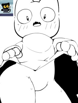 4_fingers ambiguous_gender anthro clothed clothing clothing_lift cute_fangs fangs featureless_crotch fingers fur heart_eyes heart_symbol kemono long_sleeves no_underwear noseless null open_mouth robe simple_background solo teeth white_background nuk_sun google google_doodle magic_cat_academy momo_(google) domestic_cat felid feline felis mammal 2020 digital_media_(artwork) monochrome portrait reference_image three-quarter_portrait