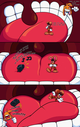 3_toes 4_fingers anthro big_feet big_grin big_tongue boombox cartoon_gloves curling_toes duo ear_pull electronics feet fingers inside_mouth macro male male/male mawplay micro music musical_note musical_symbol open_mouth paws radio red_tongue soft_vore spread_toes symbol text toes tongue toony uvula vore doggydog doggydog_(character) roderick_(tamerkoh) toon_doggydog_(doggydog) canid canine canis domestic_dog lagomorph leporid mammal rabbit absurd_res comic english_text hi_res