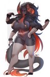 2022 4_arms amber_(nrg900) anthro areola arm_wraps artist_name big_breasts black_hair breasts clothing dragon feet female fingers genitals hair hi_res horn kanel legwear long_hair looking_at_viewer multi_arm multi_limb muscular muscular_anthro muscular_female mythological_creature mythological_scalie mythology nipples pussy scalie solo tail toeless_legwear toes white_clothing white_legwear wraps