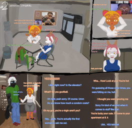 amateur anthro appliance big_breasts big_butt black_body black_fur blonde_hair blue_eyes breasts brown_body brown_eyes brown_fur brown_hair butt chair clothing dress duo elevator female fridge fur furniture gossip green_body green_eyes green_fur group hair horn kitchen_appliance kitchen_counter male male/female mouse_tail muscular muscular_male office_clothing office_lady profanity red_hair size_difference table tail talking_to_another text thick_thighs trio white_body white_fur white_hair angel_kiitty bovid canid canine caprine goat humanoid lagomorph leporid mammal mouse murid murine rabbit rodent english_text hi_res