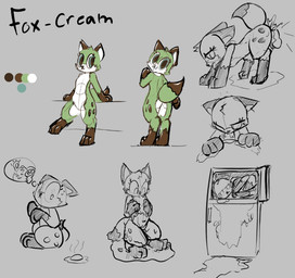 all_fours anthro bodily_fluids candy chocolate chocolate_chips color_swatch cum cum_in_vagina cum_inside dessert dipstick_ears dipstick_tail doggystyle ear_markings egg fellatio female food fox_cream fox_tail from_behind_position genital_fluids gloves_(marking) ice_cream leg_markings looking_at_viewer markings melting moan multicolored_ears multiple_poses narrowed_eyes oral penetration penile pose sex solo standing steam tail tail_markings text thought_bubble vaginal vaginal_penetration shatterstone canid canine fox mammal flat_colors sketch