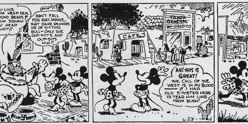4_fingers anthro bloomers bottomwear clothed clothing dialogue female fingers footwear frilly frilly_bloomers frilly_bottomwear frilly_clothing gloves group handwear hat headgear headwear high_heels male native_american open_mouth outside shoes sitting skirt swastika text floyd_gottfredson roy_nelson disney public_domain mickey_mouse minnie_mouse canid canine canis domestic_dog equid equine horse mammal mouse murid murine rodent 1930 20th_century absurd_res ancient_art black_and_white comic dated english_text hi_res long_image monochrome signature wide_image