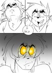 anthro ben_(jordo) bodily_fluids comic dialogue domestic_cat duo english_text eyewear felid feline felis george_(jordo) glasses glowing glowing_eyes hi_res human jordo_(artist) male male/male mammal saliva saliva_on_tongue speech_bubble swallowing text