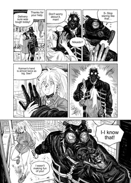 anthro breasts clothed clothing dialogue duo embarrassed eyebrow_through_hair eyebrows female gas_mask gloves hair handwear human_on_anthro interspecies jacket long_hair male male/female mask ponytail speech_bubble standing text topwear translucent translucent_hair wrist_grab francis_xie dorohedoro kaiman_(dorohedoro) nikaido_(dorohedoro) human lizard mammal reptile scalie comic english_text hi_res japanese_text monochrome