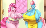 5_fingers anthro apron apron_only areola baking_tray belly big_belly big_breasts big_tail blue_areola blue_body blue_breasts blue_eyes blush blush_lines breast_rest breasts breasts_on_tray clothing cookie curled_hair curvy_figure cutie_mark cutlery duo eye_contact eyebrows eyelashes female fingers food genitals grin hair hand_behind_back handwear handwear_only happy holding_object holding_spoon holding_tray huge_breasts icing inside kitchen_utensils licking_spoon long_hair long_tail looking_at_another mostly_nude nipples nude oven_mitts overweight overweight_anthro overweight_female pattern_clothing pattern_handwear pink_areola pink_body pink_hair pink_nipples pink_tail pink_tongue purple_eyes pussy smile spoon spots spotted_clothing spotted_handwear standing tail teeth thick_thighs tongue tongue_out tools tray voluptuous wall_(structure) wide_hips window yellow_apron yellow_clothing yellow_handwear blues64 marauder6272 friendship_is_magic hasbro my_little_pony mrs._cake_(mlp) pinkie_pie_(mlp) equid equine mammal 2022 absurd_res digital_media_(artwork) hi_res portrait shaded three-quarter_portrait