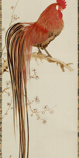 ambiguous_feral ambiguous_gender avian_caruncle beak biped bipedal_feral branch comb_(anatomy) dewlap_(anatomy) feathered_wings feathers feet feral flower grass head_crest long_tail on_branch plant side_view simple_background solo standing tail tail_feathers talons toes tree wattle wings shibata_zeshin public_domain avian bird chicken galliform phasianid 19th_century absurd_res ancient_art detailed formal_art hi_res painting_(artwork) traditional_media_(artwork) traditional_painting_(artwork)