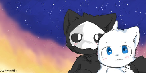 anthro black_body black_fur black_sclera black_tail blue_eyes blush cosmic_background daww duo fur looking_at_viewer male male/male male_anthro paws smile star starry_background sunset tail white_body white_fur white_tail young young_anthro young_male chano changed_(video_game) lin_(changed) puro_(changed) canid canine canis mammal wolf 2019 3:1 digital_media_(artwork)