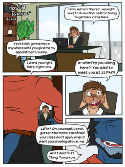 anthro beard belt black_beard black_bottomwear black_clothing black_facial_hair black_hair black_pants book bookshelf bottomwear brown_eyes brown_hair chair clothed clothed_anthro clothed_male clothing computer crystal_ball desk dialogue duo electronics eyewear facial_hair furniture glasses hair laptop male necktie office open_mouth pants plant red_belt red_clothing red_shirt red_topwear shirt sky speech_bubble suit table tail teeth text topwear whiskers window yellow_necktie fuze mythology dragon lagomorph leporid mammal mythological_creature mythological_scalie rabbit scalie comic hi_res