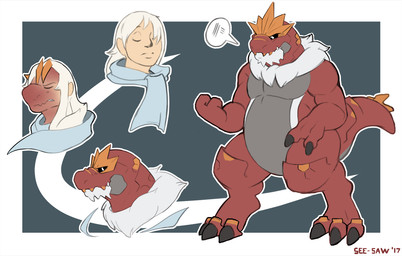 anthro anthrofied belly big_belly duo featureless_crotch male mane standing transformation see-saw nintendo pokemon dinosaur fossil_pokemon generation_6_pokemon humanoid pokemon_(species) prehistoric_species reptile scalie tyrantrum