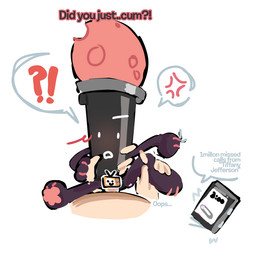 ambiguous_focus ambiguous_gender bed_sheet bedding blush blush_lines censored_genitalia cross-popping_vein disembodied_hand duo holding_leg humor male male/ambiguous pawpads phone_screen shocked solo_focus deethedr0p_(artist) object_oppose object_shows microphone_(object_oppose) animate_inanimate felid feline humanoid mammal 1:1 censored