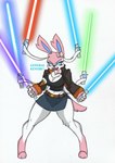 anthro big_breasts blue_lightsaber blush breasts female green_lightsaber lightsaber melee_weapon pink_blush pokemorph purple_lightsaber red_lightsaber small_waist solo thick_thighs weapon wide_hips pace-maker nintendo pokemon star_wars eeveelution generation_6_pokemon pokemon_(species) sylveon absurd_res hi_res