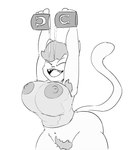 2024 3_fingers anthro areola armpit_hair arms_above_head big_areola big_breasts big_mouth_(anatomy) big_nipples biped body_hair bottomless bottomless_anthro bottomless_female breasts clothed clothing container cup digital_drawing_(artwork) digital_media_(artwork) domestic_cat extended_arms eyebrows eyes_closed fangs felid feline felis female fingers greyscale hair happy hi_res holding_container holding_cup holding_object huge_breasts liquid mammal monique_pussycat monochrome navel nipples open_mouth open_smile pouring pouring_onto_self prick_ears pubes puffy_nipples shirt shirt_only short_hair small_nose smile solo standing super_fuck_friends tail teeth thick_thighs thin_eyebrows three-quarter_view tongue topwear topwear_only translucent translucent_clothing translucent_shirt translucent_topwear wide_hips zinco