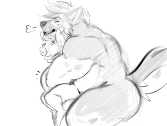 abdominal_bulge anthro anthro_on_anthro anthro_penetrated anthro_penetrating anthro_penetrating_anthro balls belly big_balls big_belly cheek_tuft duo eyes_closed facial_tuft finger_in_mouth from_behind_position genitals huge_balls male male/male male_penetrated male_penetrating male_penetrating_male mouth_play muscular muscular_anthro muscular_male nude overweight overweight_anthro overweight_male penetration sex side_view size_difference standing tuft solaxe_(artist) reirun solaxe canid canine kangaroo macropod mammal marsupial 4:3 hi_res monochrome sketch