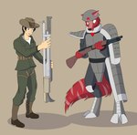 admiring andromorph anthro armor clothing duo gun hat headgear headwear helmet intersex male military ranged_weapon rifle soldier warrior weapon korben_the_dragon dreamkeepers fallout microsoft minutemen_(fallout) canid canine canis human humanoid mammal wolf hi_res