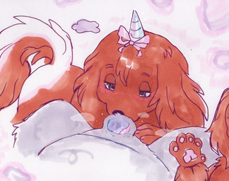 animal_genitalia anthro blue_penis bodily_fluids bow_(feature) bow_ribbon brown_body brown_fur colored_nails duo fellatio female fur genitals horn internal licking male male/female nails oral penile penis saliva sex sheath tongue unicorn_horn tumble0 canid canine mammal hi_res traditional_media_(artwork)