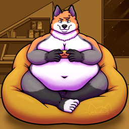 5_fingers 5_toes anthro bean_bag belly beverage_can big_belly black_eyebrows black_nose blue_eyes controller deep_navel eyebrows feet fingers fur game_controller gloves_(marking) holding_object inside leg_markings male markings moobs multicolored_body multicolored_fur navel neck_tuft night obese obese_anthro obese_male orange_body orange_fur overweight overweight_anthro overweight_male shelf sitting socks_(marking) solo toes tuft window jackcatarts canid canine fox mammal 1:1 absurd_res hi_res shaded