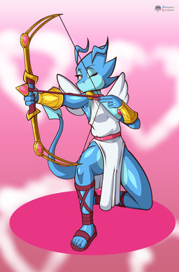 anthro bow_(weapon) breasts clothing feet female female_anthro footwear holidays humanoid_feet multicolored_body nipples plantigrade ranged_weapon sandals shirt shoes solo topwear tunic two_tone_body weapon fourssss valentine's_day skitter_the_gecko gecko lizard reptile scalie 2026 digital_drawing_(artwork) digital_media_(artwork) hi_res