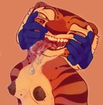 anthro bodily_fluids breasts dark_nipples disembodied_hand drooling drooling_tongue female freckled_breasts freckles happy mawplay mouth_shot open_mouth saliva saliva_on_tongue saliva_string solo tears teary_eyes teeth lanolin04 dreamworks kung_fu_panda master_tigress felid mammal pantherine tiger hi_res