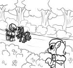 armor backpack clothing cutie_mark ear_piercing earth_pony emerald_jewel_(colt_quest) equid equine fan_character female feral ficficponyfic forest group hasbro hiding horn horse joyride_(colt_quest) male mammal monochrome my_little_pony mythological_creature mythological_equine mythology outside piercing plant pony shrub tree unicorn