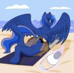 anthro beach butt clothing female genitals horn pussy seaside solo translucent translucent_clothing wings codras friendship_is_magic hasbro my_little_pony mythology princess_luna_(mlp) equid equine mammal mythological_creature mythological_equine winged_unicorn hi_res