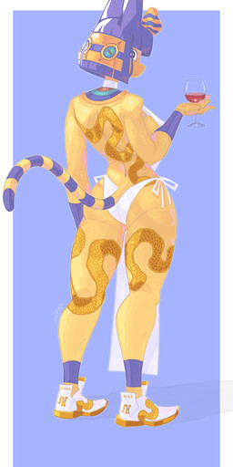 accessory alcohol anthro bangs beverage blue_hair bob_cut breasts clothing container cup drinking_glass egyptian egyptian_clothing female female_anthro fingers footwear glass glass_container glass_cup hair hair_accessory holding_container holding_cup holding_drinking_glass holding_glass holding_object holding_wine_glass long_tail looking_at_viewer looking_back markings panties pose rear_view shoes short_hair solo standing striped_markings striped_tail stripes tail tail_markings tattoo two_tone_tail underwear uraeus usekh wine wine_glass yellow_body nanokindred animal_crossing nintendo ankha_(animal_crossing) domestic_cat felid feline felis mammal 2022 absurd_res digital_media_(artwork) full-length_portrait hi_res portrait