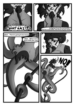 clothed clothing dialogue female hair mutation open_mouth parasite science scientist tentacles test_subject text transformation trapped unconscious biobasher absurd_res black_and_white comic english_text hi_res monochrome