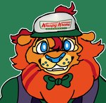 anthro blue_eyes bow_tie clothed clothing green_background hat headgear headwear looking_at_viewer male outline simple_background smile solo white_outline nasthane indigo_park krispy_kreme lloydford_l._lion felid lion mammal pantherine