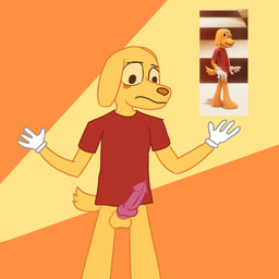 anthro clothing confusion fur genitals gloves handwear male penis screencap simple_background solo worried worried_look yellow_body yellow_fur mktk glitch_productions the_amazing_digital_circus scratch_(tadc) canid canine canis domestic_dog mammal 1:1