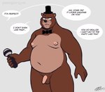 annoyed anthro balls bow_tie clothing cosplay dialogue electronics flaccid foreskin front_view genitals hair hat headgear headwear holding_microphone holding_object male microphone moobs mostly_nude narrowed_eyes navel nipples offscreen_character overweight overweight_anthro overweight_male penis short_hair solo speech_bubble standing text fiercedeitylynx five_nights_at_freddy's scottgames freddy_(fnaf) marlon_(fiercedeitylynx) bear mammal 2023 absurd_res english_text hi_res signature