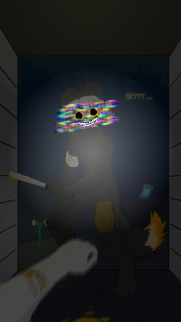4_toes anthro bandage black_body black_eyes black_fur blood blood_drip blood_on_bandage blood_on_hand blood_on_object blood_on_weapon blue_background blurred_vision bodily_fluids capsule colored_blood crazy_eyes dark dipstick_tail dripping feet first_person_view fluffy fluffy_tail fur glitch glowing glowing_object glowing_plants gore horror_(theme) insane leg_bag machete male markings melee_weapon nightmare_fuel orange_blood orange_tail_tip simple_background solo standing tail tail_markings text toes unusual_blood unusual_bodily_fluids weapon white_body white_fur wounded neitherfound casualties:_unknown albino_(gunsawian) expie_(gunsawian) gunsawian english_text hi_res