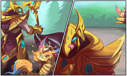 4_fingers anthro armor big_eyes big_head big_tail black_eyes blue_body blue_eyes blue_fur blue_markings blue_sky bodily_fluids bone bread cheek_tuft chin_tuft clothed clothing day duo eating eye_contact eyes_closed facial_tuft feathers fingers fluffy fluffy_tail food front_view frown fur glare glowing glowing_eyes holding_object holding_weapon humanoid_hands licking licking_lips looking_at_another looking_back male markings melee_weapon multicolored_body multicolored_fur orange_body orange_fur outside pink_nose pink_tongue purple_clothing rear_view self_lick skull sky smile staff standing sweat tail tan_body tan_fur tan_markings tongue tongue_out toony topless tuft weapon white_body white_feathers yellow_clothing rachel_j_corey league_of_legends playtime_with_gnar riot_games tencent azir_(lol) gnar_(lol) avian bird mammal yordle 2014