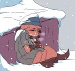 3_toes abandoned anthro barefoot claws clothed clothing cold duo ear_piercing feels feet female hat headgear headwear homeless hug outside pawpads piercing rags snow soles toes winter nobby_(artist) disney zootopia fan_character melody_(zhanbow) rosie_(zhanbow) canid canine fox mammal mouse murid murine rodent hi_res