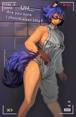 anthro arm_tuft asymmetrical_clothing big_breasts blue_eyes blue_hair breasts brown_body brown_fur camera_view clothing dialogue dipstick_tail eyebrows eyelashes facial_markings female fur glistening gloves_(marking) hair head_markings hip_tuft inner_ear_fluff markings mask_(marking) recording shoulder_tuft solo sweater tail tail_markings text topwear tuft fohl_s brand_new_animal brooklyn_sweater studio_trigger michiru_kagemori canid canine mammal raccoon_dog tanuki 2025 english_text hi_res