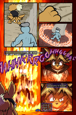 5_panel_comic ambiguous_gender biped black_cape black_clothing black_nose blue_body brown_body brown_fur brown_hair burning cape clothing duo eyebrows eyelashes feral fluffy fluffy_tail fur gameplay_mechanics hair hat headgear headwear looking_at_another open_mouth open_smile page_number paws quadruped ruins smile sound_effects standing tail text text_box toony white_text virmir nintendo pokemon pokemon_mystery_dungeon spike_chunsoft virmir_(character) eevee generation_1_pokemon humanoid machop pokemon_(species) 2025 2:3 absurd_res comic english_text hi_res