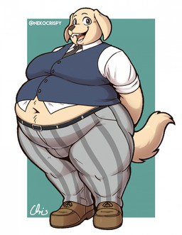 anthro belly belly_overhang belly_peeking_out belt big_belly chubby_cheeks clothing deep_navel double_chin fupa ill-fitting_clothing legwear male midriff moobs navel necktie obese obese_male open_mouth overweight overweight_male pattern_clothing pattern_legwear school_uniform simple_background smile solo striped_clothing striped_legwear stripes thick_thighs topwear uniform vest wide_hips nekocrispy beastars jack_(beastars) bird_dog canid canine canis domestic_dog golden_retriever hunting_dog mammal retriever hi_res