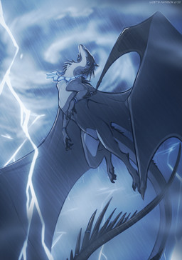 ambiguous_gender claws cloud electricity feet feral finger_claws fingers flying horn lightning outside raining solo toe_claws toes wings lizet mythology kalkutzin dragon mythological_creature mythological_scalie scalie 2025 blue_and_white digital_media_(artwork) hi_res monochrome male_(lore)
