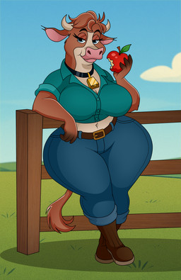4_fingers anthro apple bedroom_eyes belt big_breasts blue_bottomwear blue_clothing blue_collar blue_eyes blue_jeans blue_pants blue_sky boots bottomwear breasts brown_belt brown_body brown_boots brown_clothing brown_footwear brown_fur brown_hair cleavage clothed clothing cloud collar cowbell cowbell_collar denim denim_bottomwear denim_clothing eating eating_apple eating_food eating_fruit female fence fingers food footwear fruit fur hair holding_apple holding_food holding_fruit holding_object jeans kneeling looking_at_viewer midriff narrowed_eyes navel no_bra pants plant seductive shadow shoes sky solo wide_hips vanilladream34 home_on_the_range maggie_(home_on_the_range) bovid bovine cattle hereford_cattle mammal 2025 absurd_res digital_drawing_(artwork) digital_media_(artwork) english_description full-length_portrait hi_res paint_tool_sai_(artwork) portrait