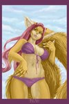 anthro bikini chest_tuft claws clothed clothing fangs female fur green_eyes horn seductive skimpy solo swimwear tail tan_body tan_fur teeth tuft two-piece_swimsuit vera_(artist) demon langurhali