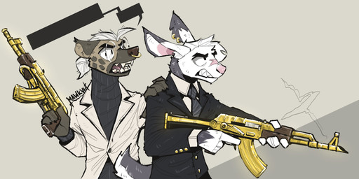 ak-47 ak_platform angry anthro assault_rifle duo ear_piercing ear_ring ears_up eyewear facial_piercing gangster glasses golden_gun gun holding_gun holding_object holding_ranged_weapon holding_rifle holding_weapon looking_aside male male/male necktie nose_piercing nose_ring open_mouth piercing ranged_weapon rifle ring_piercing round_glasses smoke tail teeth teeth_showing tongue weapon mawkvlt kolya_yeen_(mawkvlt) hyena lagomorph leporid mammal rabbit spotted_hyena 2:1 hi_res