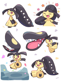 2_toes ambiguous_gender anthro black_feet black_hands black_pseudo_hair black_toes eyes_closed feet gloves_(marking) group hair_mouth markings open_mouth pink_eyes pseudo_hair sharp_teeth simple_background smile tan_body teeth toes nekogyo122 nintendo pokemon generation_3_pokemon humanoid mawile pokemon_(species) 2025 3:4 absurd_res hi_res