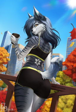 5_fingers anthro biped blue_body blue_fur blue_hair blue_tail bottomwear butt clothed clothed_anthro clothed_female clothing day female fingers fully_clothed fully_clothed_anthro fully_clothed_female fur hair looking_at_viewer outside rear_view sky smile solo striped_body striped_fur stripes sun tail topwear yellow_eyes elvofirida domestic_cat felid feline felis mammal 2025 digital_drawing_(artwork) digital_media_(artwork) hi_res