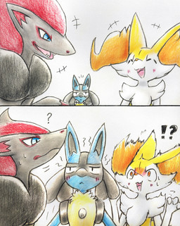 ambiguous_gender anthro blue_eyes blush blush_lines bodily_fluids chatting claws embarrassed exclamation_point eyes_closed fangs fur grey_body grey_fur group interrobang jealous multicolored_body open_mouth orange_eyes question_mark simple_background spikes spikes_(anatomy) sweat teeth tongue trio white_body white_fur yellow_body yellow_fur eiroru nintendo pokemon braixen canid canine generation_4_pokemon generation_5_pokemon generation_6_pokemon lucario mammal pokemon_(species) zoroark 2025 comic graphite_(artwork) hi_res traditional_media_(artwork)