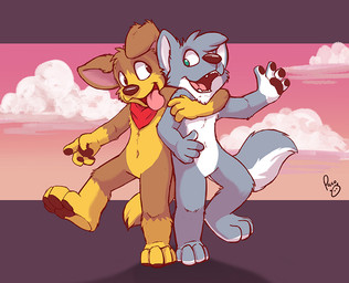 anthro blue_eyes brown_body brown_eyes brown_fur cloud duo fangs featureless_crotch fur grey_body grey_fur hug kerchief logo male navel neckerchief neckwear nude open_mouth orange_sky pink_tongue red_sky sky standing teeth tongue white_body white_fur yellow_body yellow_fur young young_anthro young_male pandapaco canid canine canis domestic_dog mammal artist_logo signature