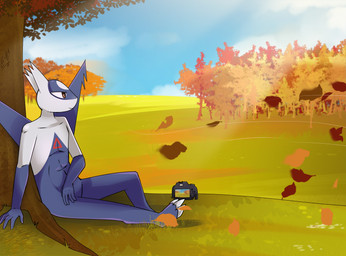 abs admiring anthro autumn blue_body brown_eyes camera claws detailed_background featureless_crotch field forest grass grass_field half-closed_eyes leaf male multicolored_body muscular muscular_anthro muscular_male narrowed_eyes nude outside pecs plant pose sky smile solo tree white_body wind e-01 nintendo pokemon generation_3_pokemon latios legendary_pokemon pokemon_(species) digital_media_(artwork) hi_res