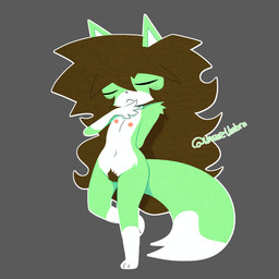 anthro blush breasts brown_hair eyes_closed female fur genitals green_body green_fur hair long_hair multicolored_body multicolored_fur nipples simple_background solo tail white_body white_fur kerotheklutz nova_(unsureumbra) canid canine fox mammal 1:1 digital_media_(artwork) hi_res watermark
