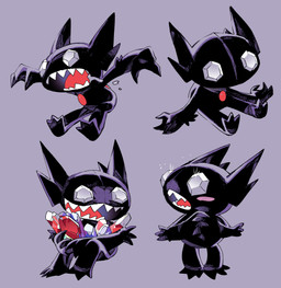 ambiguous_gender anthro blush gem gem_eyes hands_together open_mouth ruby_(gem) sapphire_(gem) sharp_teeth sitting smile solo standing teeth esasi8794 nintendo pokemon generation_3_pokemon humanoid pokemon_(species) sableye absurd_res hi_res