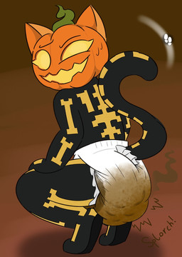 anthro bone clothed clothing crouching diaper feces female food footsteps for_a_head fruit glowing glowing_eyes holidays onomatopoeia plant pooped pooping pumpkin pumpkin_head skeleton soiled soiled_diaper soiling soiling_diaper solo sound_effects splorch text unclean_diaper used_diaper using_diaper wearing_diaper cookiepamps epic_games fortnite halloween spice_(fortnite) domestic_cat felid feline felis mammal object_head hi_res