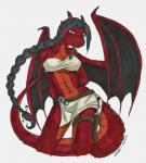 anthro black_hair bottomwear braided_hair clothed clothing dagger dragon female hair hi_res horn knife koshkio long_hair looking_at_viewer melee_weapon midriff mythological_creature mythological_scalie mythology navel red_body red_scales scales scalie skimpy skirt solo spots sriah tail the_clan tribal weapon wings
